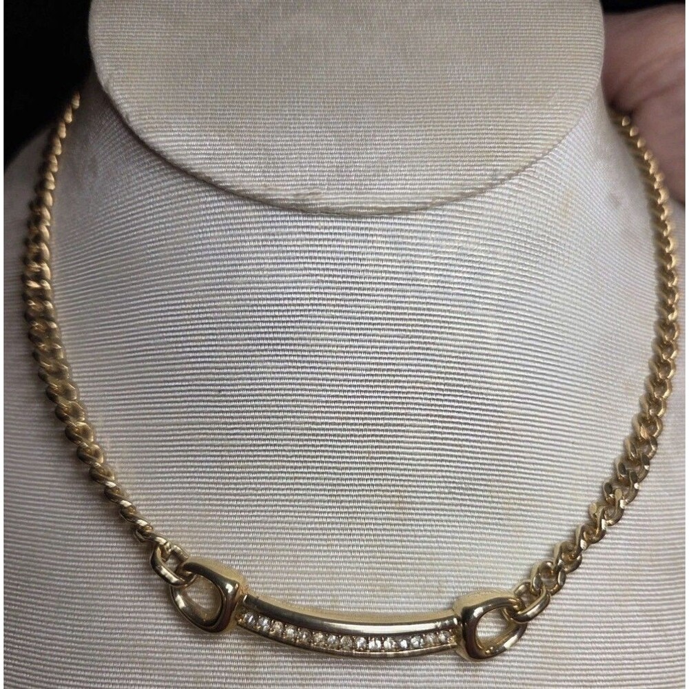 Vintage Christian Dior Germany Gold Tone Curb Chain Bar Rhinestone Necklace VTG
